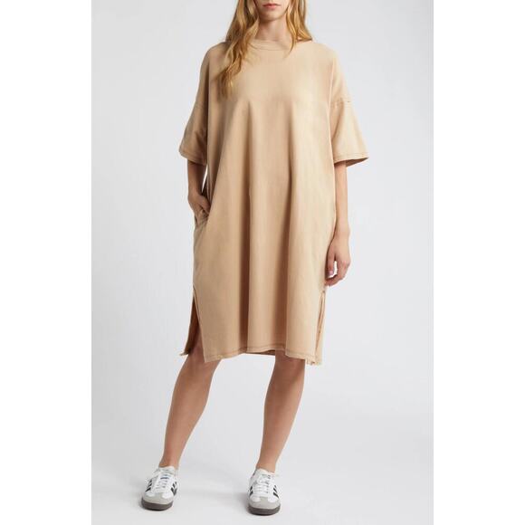 Dressed in Lala Cotton T-Shirt Dress Mocha Light Tan Oversized Pockets SZ M - Picture 1 of 6